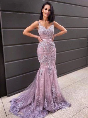 Women's Clothing Apparel Sets Feminine Flow Trumpet/Mermaid Applique Satin Spaghetti Straps Sleeveless Court Train long prom dress evening dress    cg15836