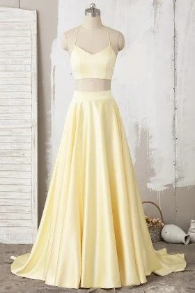 Women's Travel Outfit Set Classic Timeless Elegant Style Yellow Two Piece Halter Lace Satin Long Prom Dress cg2606