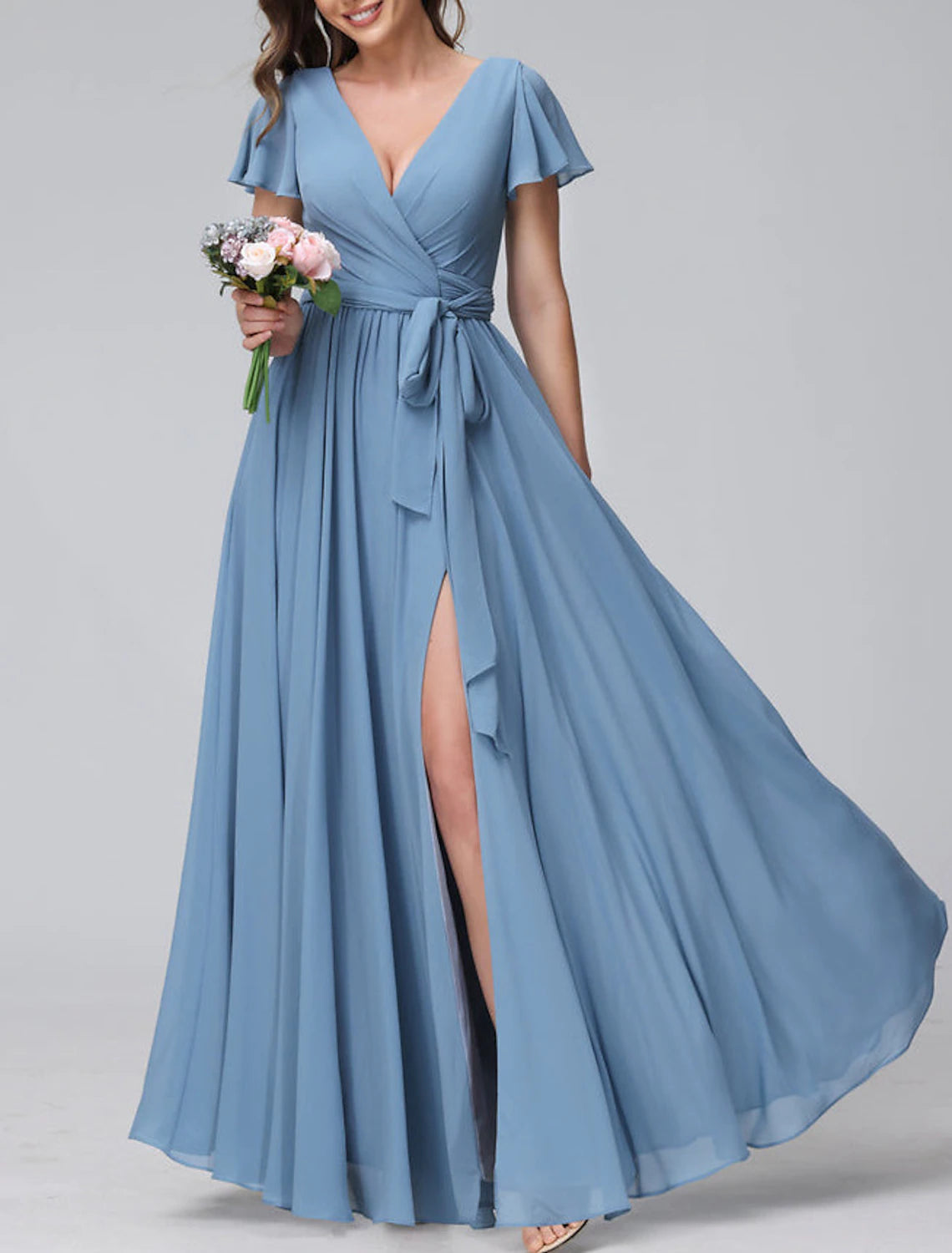 Women's Apparel And Garments End - of - Month Blowout A-Line Bridesmaid Dress V Neck Short Sleeve Blue Floor Length Chiffon with Split Front / Ruching