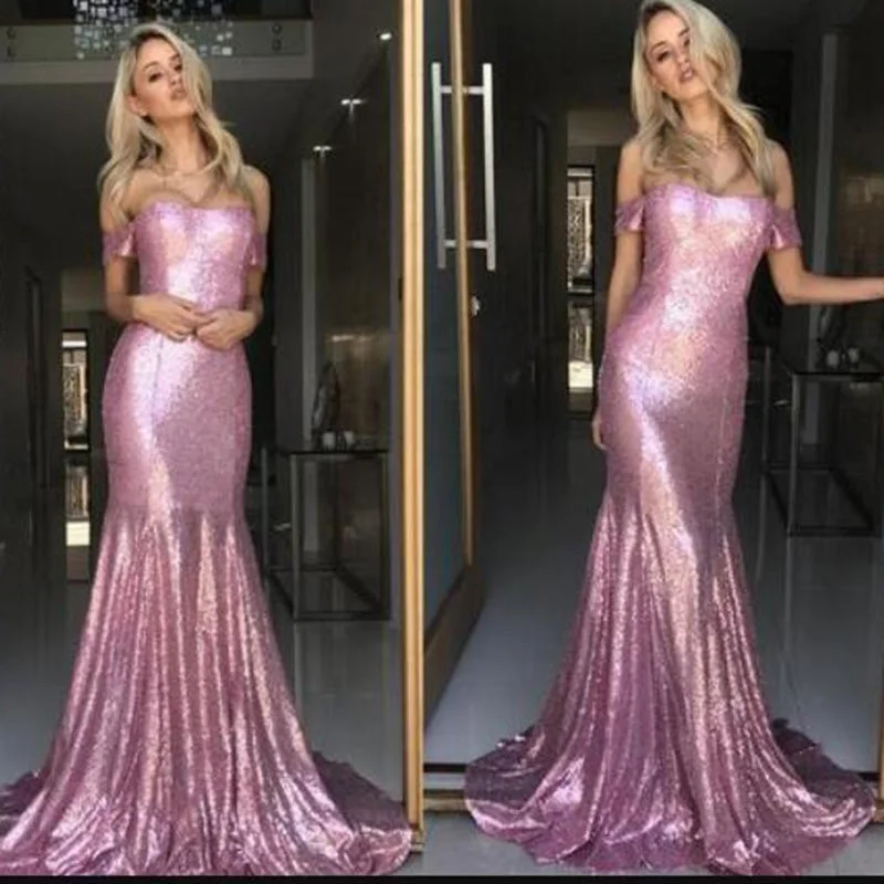 Women's Vacation Clothes Cottagecore Rustic Charm Style Hot Off the Shoulder Sequin Prom Dress Pink Mermaid Evening Dress Gown for Party 2020 LP6630