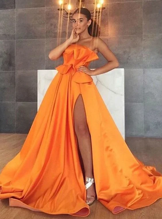 Women's Wardrobe Apparel Minimalist Office - Ready Style Orange Satin Strapless Women Formal Prom Dresses With Side Split    cg20094