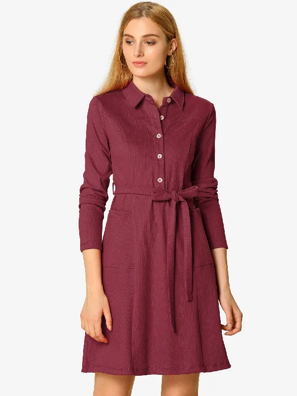 Women's Tops And Clothing Mid - Season Sale Chambray Half Placket Long Sleeve Belted Casual Safari Shirt Dress