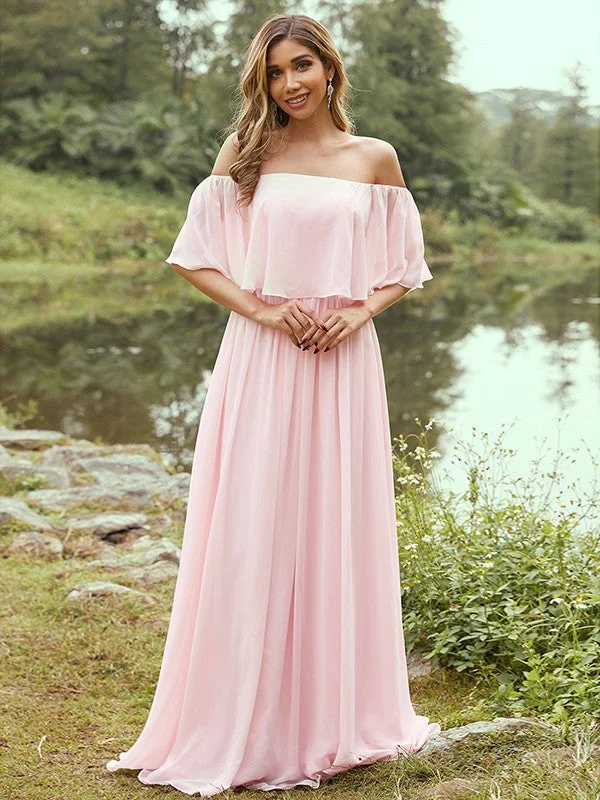 Women's Occasion Wear Clothes Tropical Island - Inspired Attire A-Line/Princess Chiffon Ruffles Off-the-Shoulder Short Sleeves Sweep/Brush Train Bridesmaid Dresses