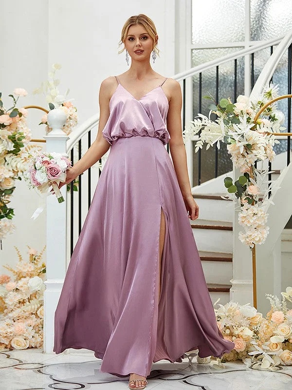 Women's Evening Outfit Chic Urban Fashion Look A-Line/Princess Silk like Satin Ruched V-neck Sleeveless Floor-Length Bridesmaid Dresses