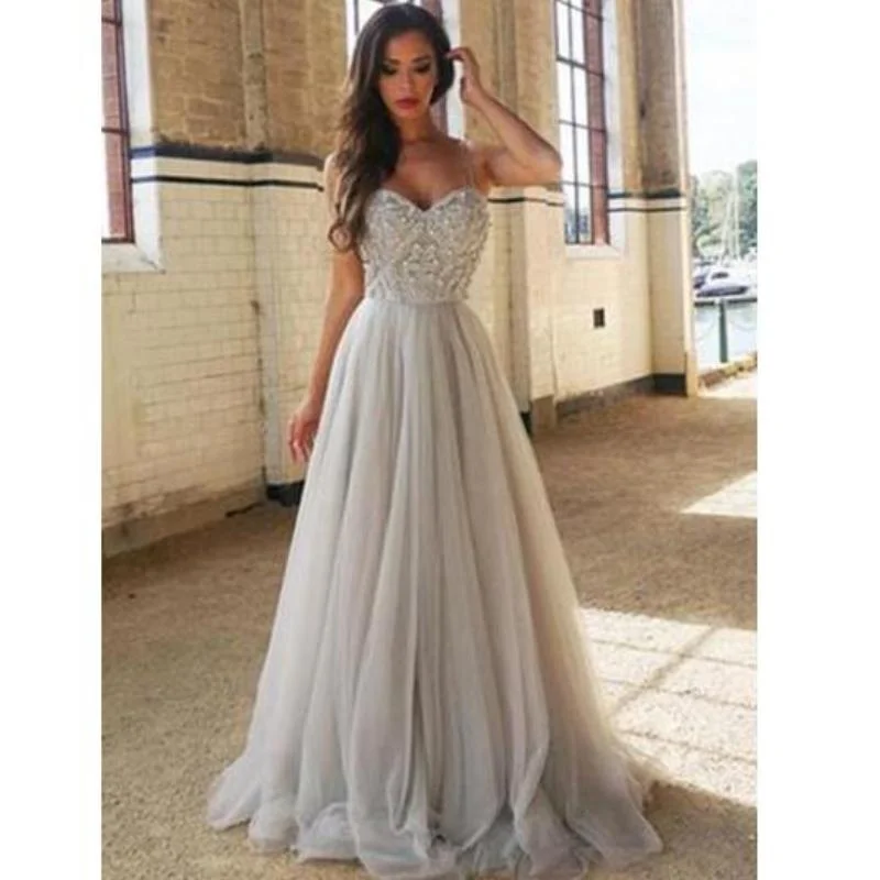 Women's High-Fashion Clothes Score Big on Glamorous Red - Carpet Styles Sweetheart Tulle Grey Prom Dresses Long With Bodice Beading Evening Long Party Gowns