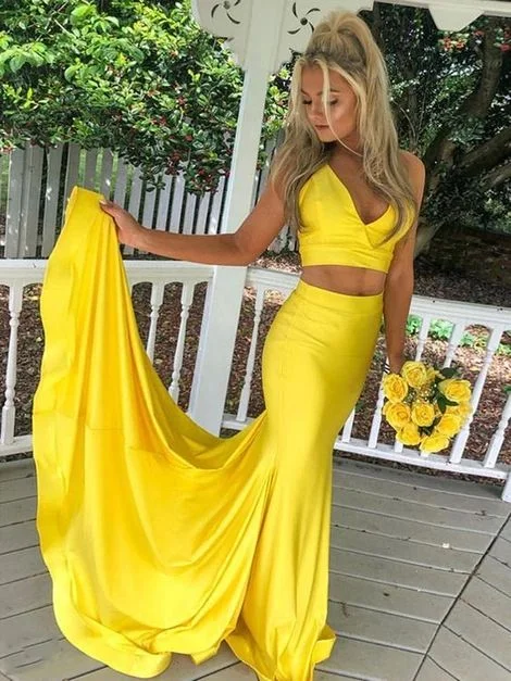 Women's Clothing For Travel Clearance Event V Neck Yellow Satin Two Pieces Long Prom Dress, Yellow Mermaid 2 Pieces Formal Evening Dress  cg4643