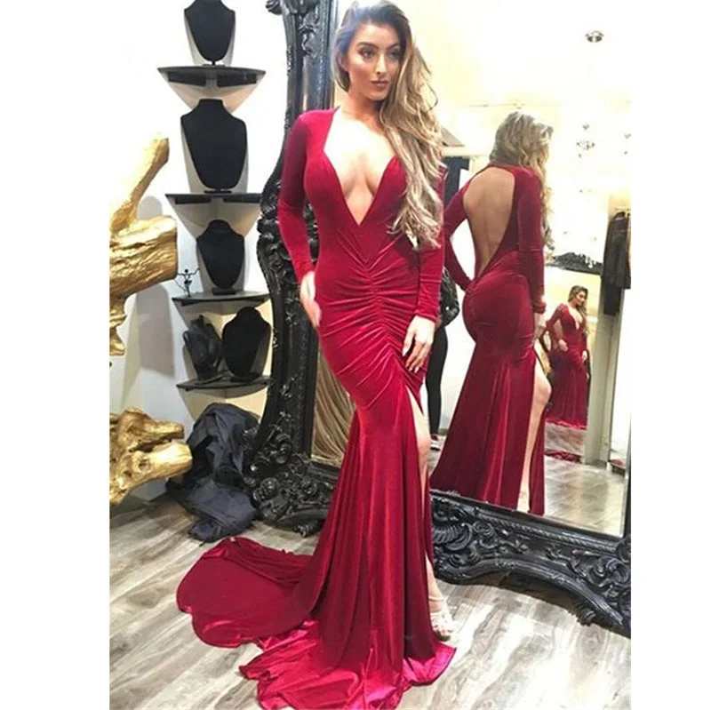 Women's Romantic Outfit Today Only LP588 Long Sleeves Burgundy Evening Formal Gowns V Neck Sexy Women Party Dress,Fitted 2018 Prom