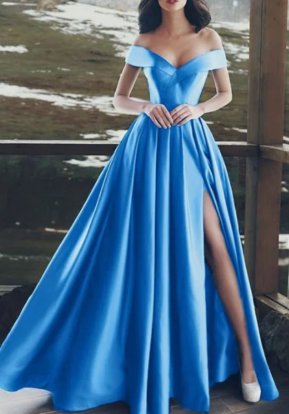 Women's Office Outfit Effortless Sophistication Light Blue Satin Off Shoulder Long Prom Dresses 2020 cg2740