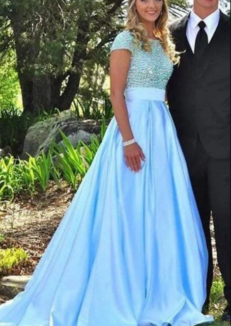 Casual Outfit For Women Last Chance Sale Blue Prom Dresses Round Neck Beading Satin  cg7329