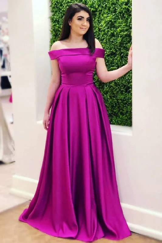 Women's Trendy Casual Outfit Feminine Flow Elegant Off the Shoulder Long Prom Dress in Fuchsia Color, Satin Prom Dress Formal Evening Dress cg2711