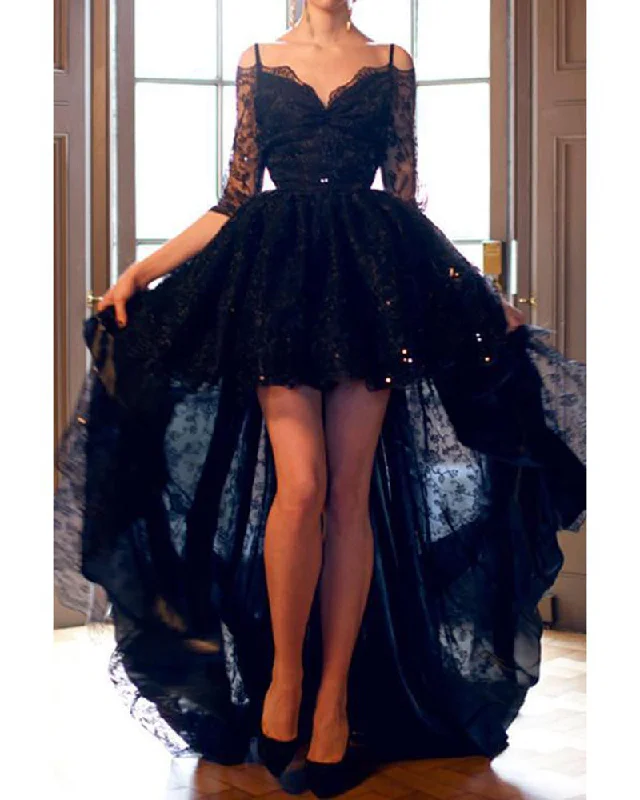 Luxury Women's Clothes Sophisticated Cut Evening Gown 2022 Long Sleeves Black Lace Prom Dress High Low Sexy Backless vestidos de gala