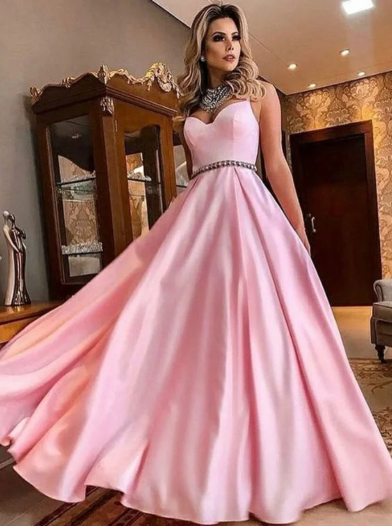 Women's Active Outfit For Fitness Graceful Movement Sweetheart Spaghetti Straps Pink Satin Long Prom Dresses with Beading, Elegant Formal Evening Dresses   cg14325