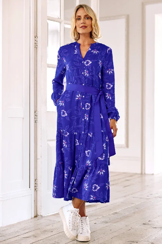 Charming Women's Holiday Apparel Feminine Soft - Hued Styles Jessica Shirt Dress | Waterlily Cobalt/Purple