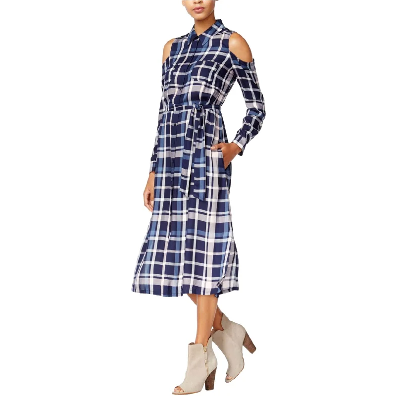 Women's Stylish Professional Garments Elegant Contour maison Jules Womens Cold-Shoulder Plaid Midi Shirt Dress, Blue, X-Large