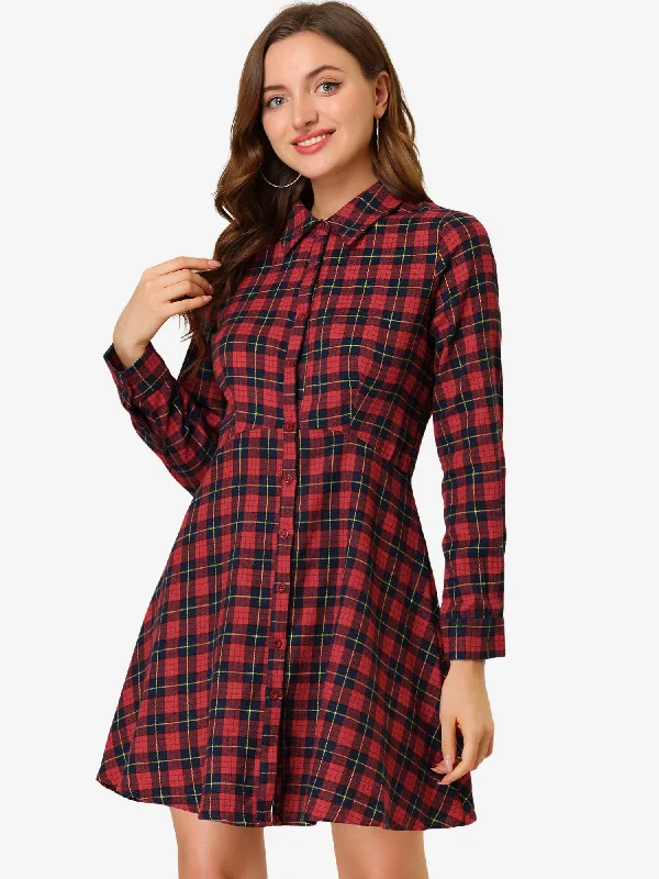 Women's Activewear Outfit Feminine Flow Plaids Button Down Cotton Mini A-Line Shirt Dress