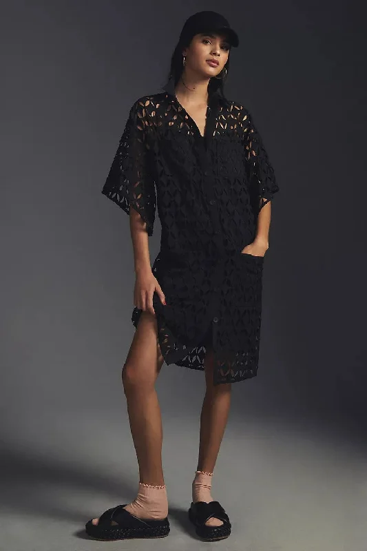 Women's Holiday Outfit Romantic Date - Night Ensemble Cutwork Shirt Dress