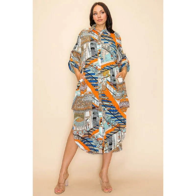 Women's Clothes And Garments Flash Deals Long and Three Quarter Sleeves Multicolor Printed Shirt Dress