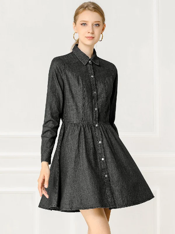 Women's Vacation Outfit Elegant Contour Denim Button Down Belted Pleated Flare A-line Shirt Dress