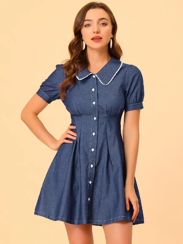 Women's Outfit Sophisticated Cut Chambray Puff Short Sleeve Flared Button Front Shirt Dress